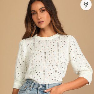 Lulus Get to the Point Ivory Pointelle Three-Quarter Sleeve Sweater- Brand new